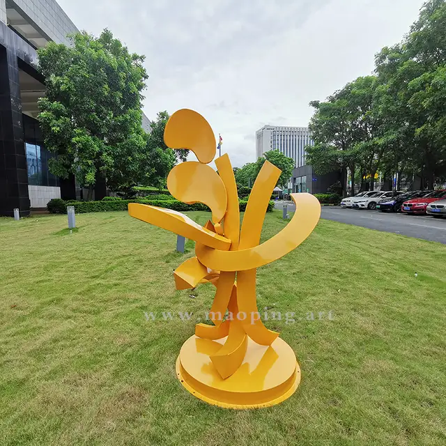 Outdoor garden courtyard yellow stainless steel abstract sculpture from the side