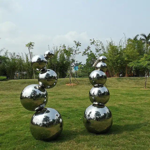 Outdoor garden, lawn park, metal sculpture, stainless steel abstract sphere sculpture