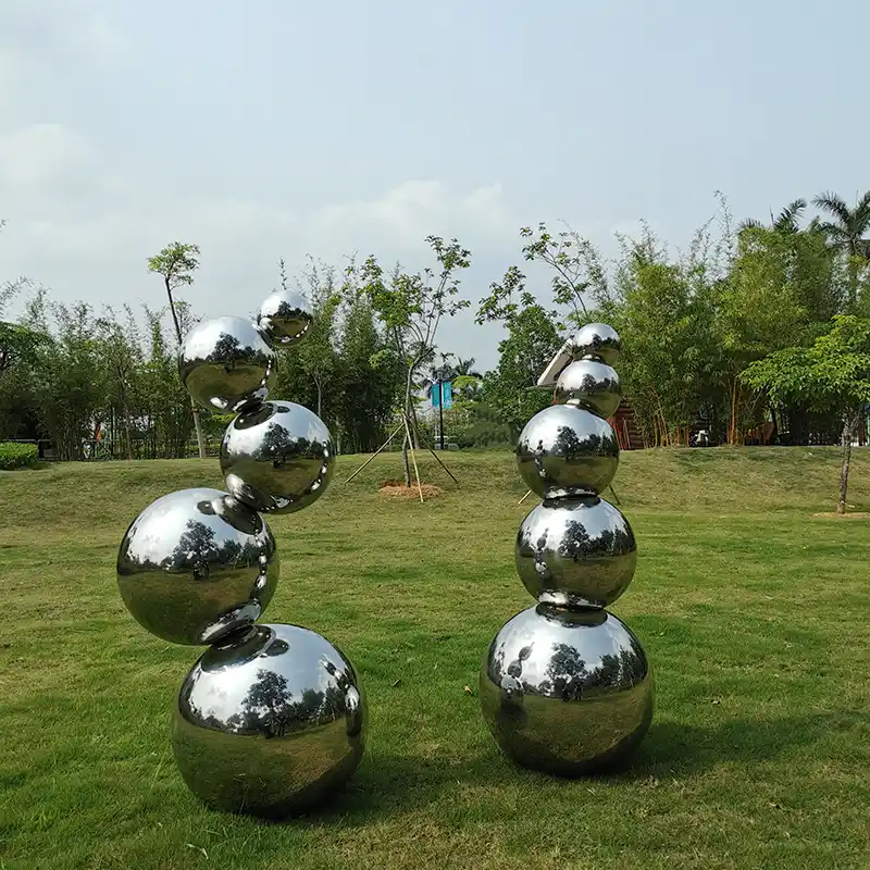 Outdoor garden, lawn park, metal sculpture, stainless steel abstract sphere sculpture
