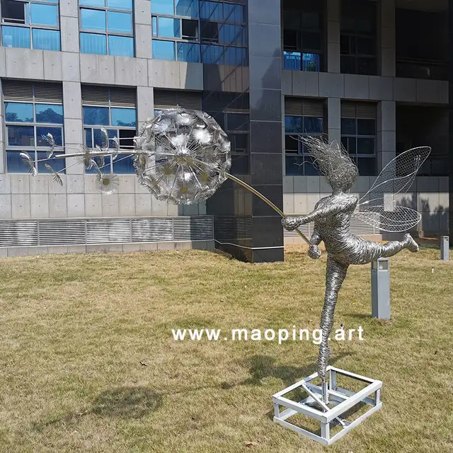 Outdoor park square waterscape Beautiful elegant stainless steel wire fairies sculpture seen from another angle