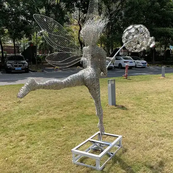 Stainless Steel Outdoor Large Dancing wire fairies Fairy and Dandelion Sculpture
