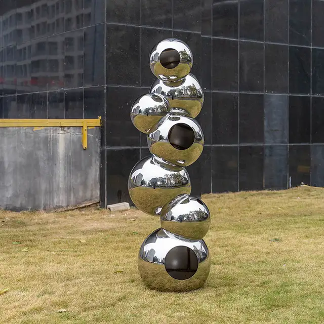 Outdoor garden Stainless steel sphere sculpture seen from another angle