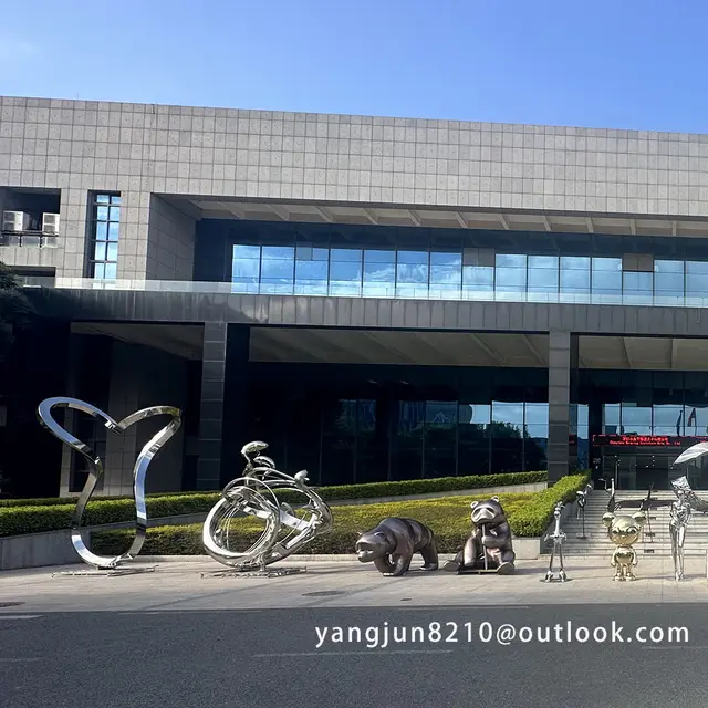Outdoor park square decorative art stainless steel bear sculpture seen from another angle