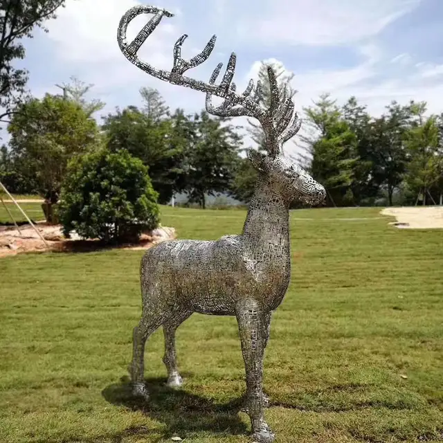 Outdoor park square garden metal decoration art hollowed-out stainless steel deer sculpture
