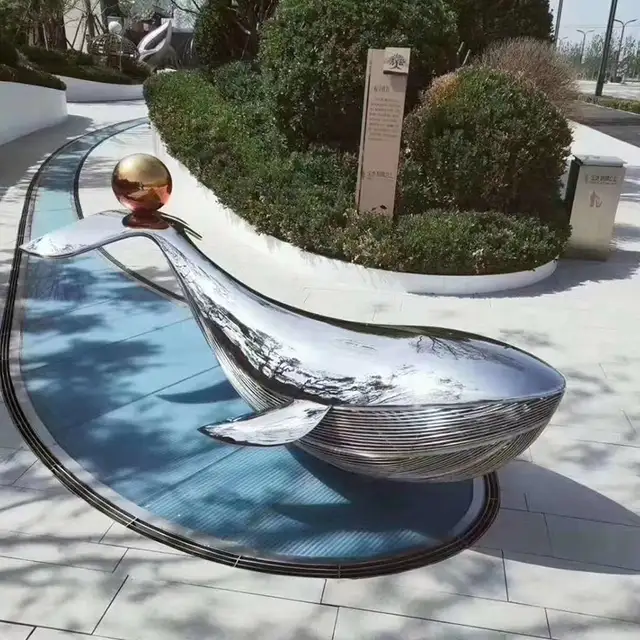250cm Outdoor park square landscape pool mirror polished stainless steel whale sculpture