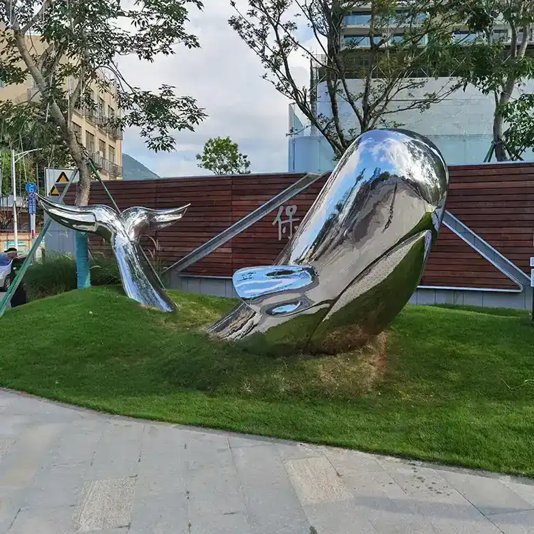 Outdoor park square landscape pool mirror polished stainless steel whale sculpture 2