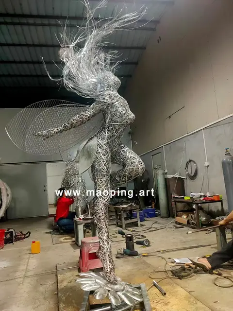 Outdoor park square waterscape Beautiful elegant stainless steel wire fairies sculpture