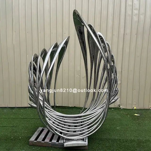 Outdoor plaza park hotel courtyard decorations mirror stainless steel abstract flower sculpture seen from another angle
