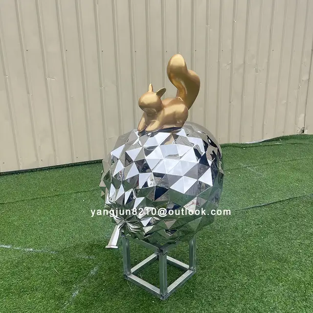 Outdoor square park courtyard garden decorative art stainless steel squirrel pine cone sculpture from the side