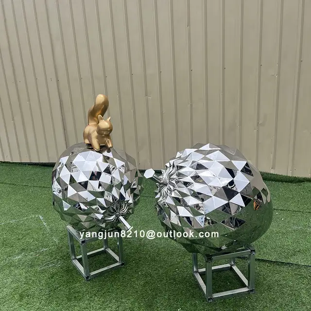 Outdoor square park courtyard garden decorative art stainless steel squirrel pine cone sculpture in close view