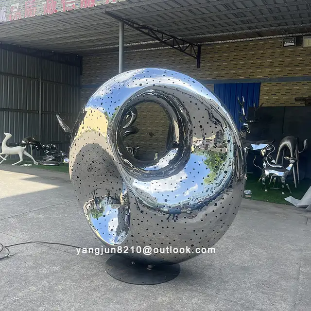 Outdoor square park courtyard pool decoration works of art stainless steel ring sculpture in close view