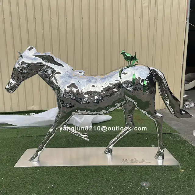 Outdoor square park decorations mirror stainless steel animal horse sculpture seen from another angle