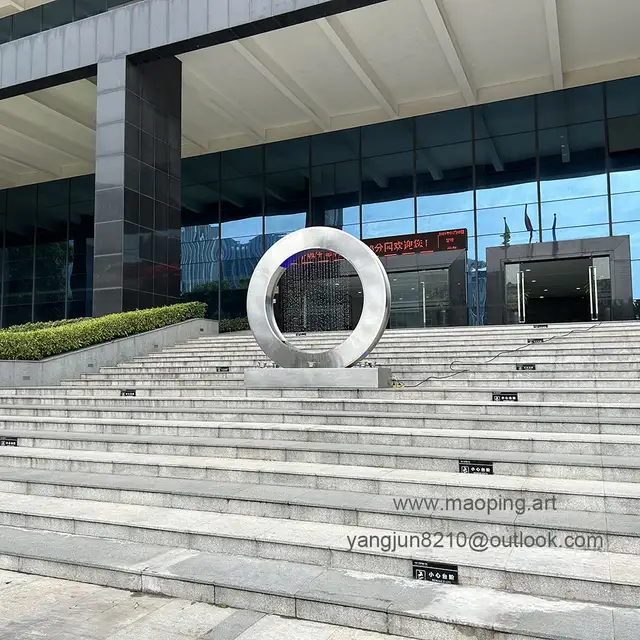 Outdoor square park museum airport beach swimming pool stainless steel ring water curtain sculpture from the side