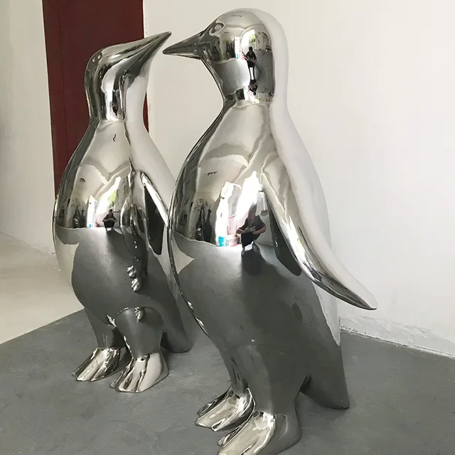 Large stainless steel sculpture—Penguin in close view