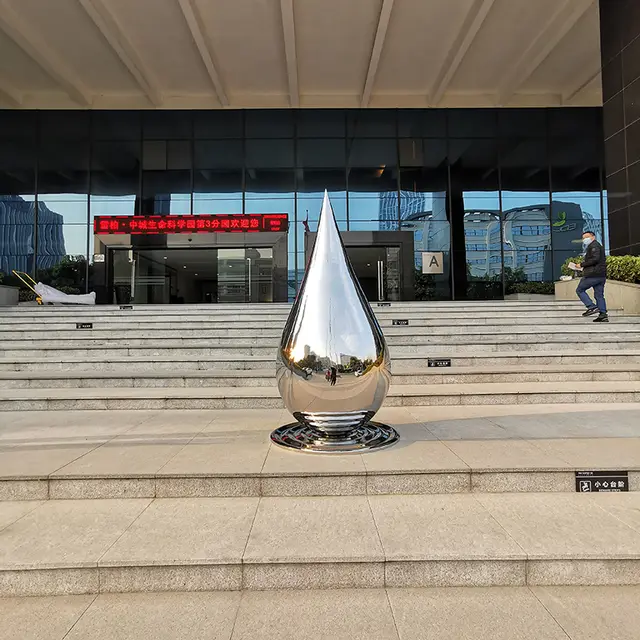 Polished Decorative Metal Art Stainless Steel Water Drop Sculpture in close view