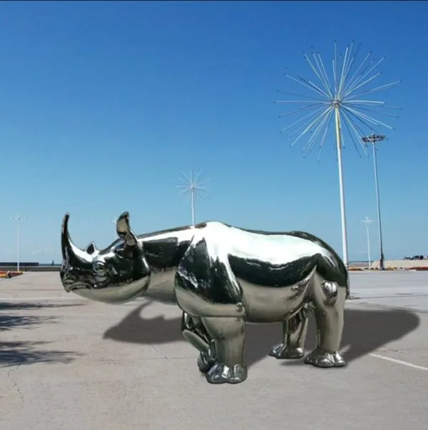 Life Size Stainless Steel Animal Metal Rhino Sculpture