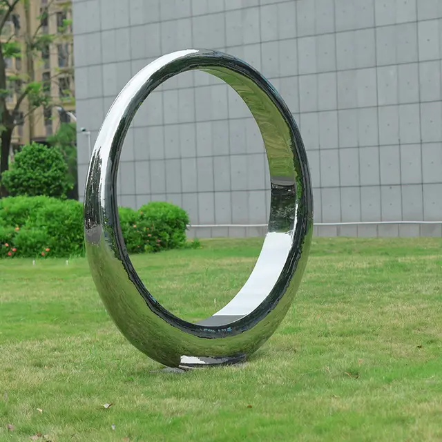 Large outdoor garden square stainless steel Mirror polishingRing sculpture seen from another angle
