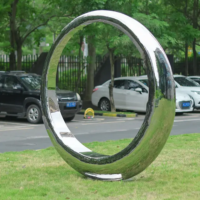Large outdoor garden square stainless steel Mirror polishingRing sculpture in close view