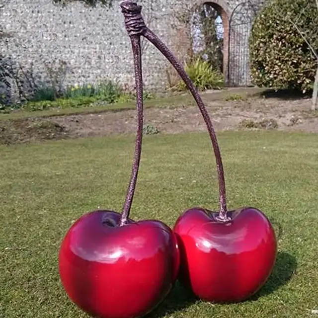 Red Strawberry Large Stainless Steel Garden Statue in close view