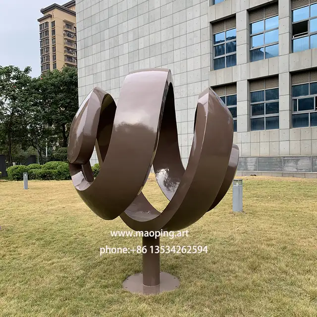 Public brown Stainless Steel Swirling Sphere Sculpture / Large Metal Art Sculptures from the side