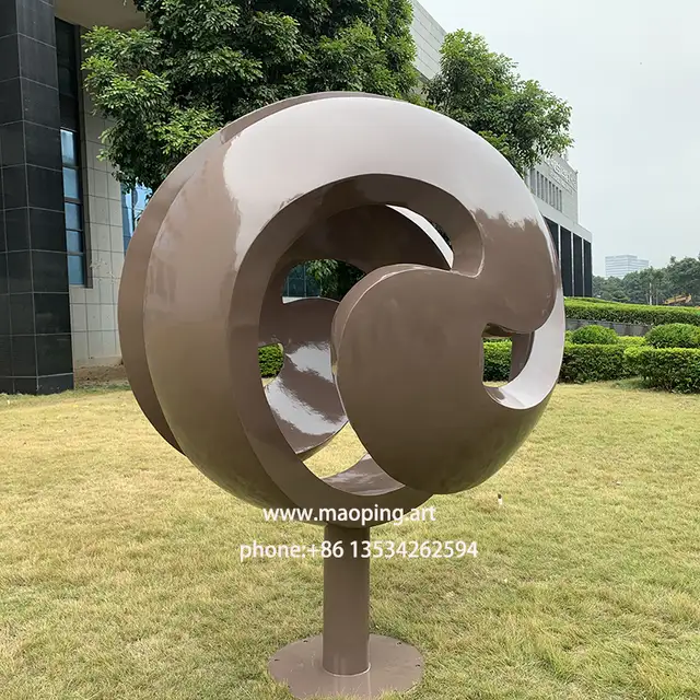 Public brown Stainless Steel Swirling Sphere Sculpture / Large Metal Art Sculptures in close view