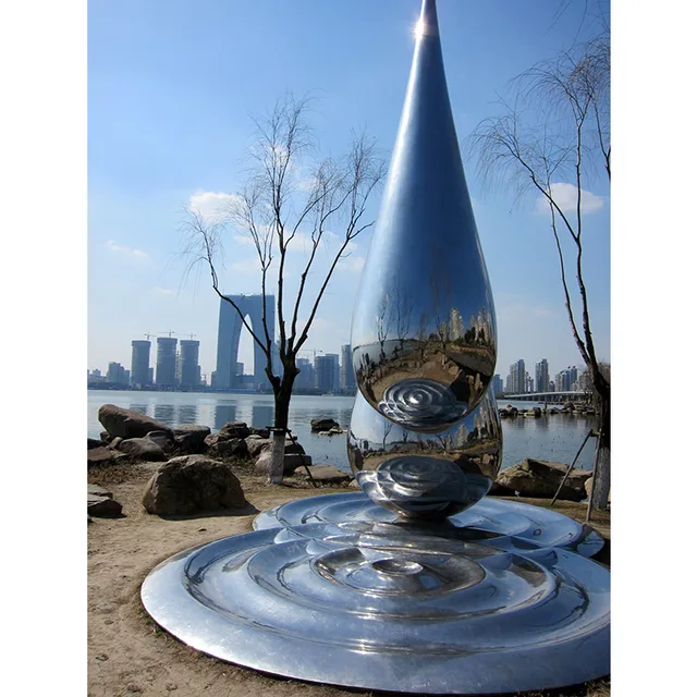 Large Water Drop Modern Stainless Steel Outdoor Sculpture seen from another angle