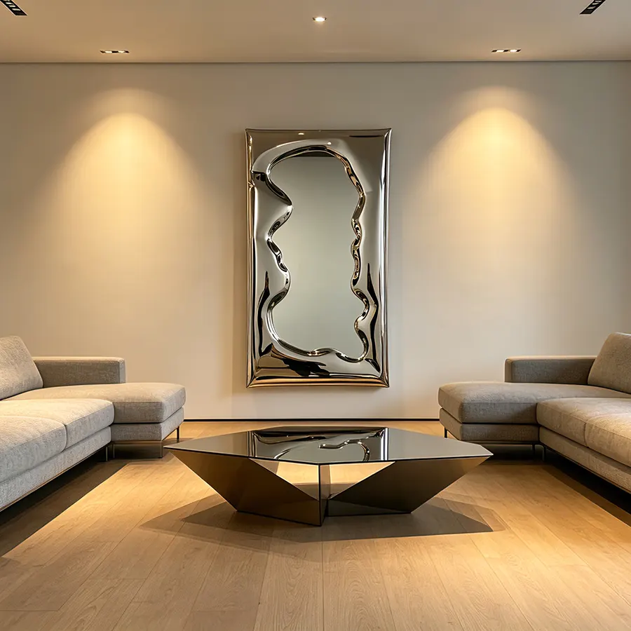 Sculptural Art Mirror for Interior Decor – Modern Stainless Steel Wavy Frame Mirror