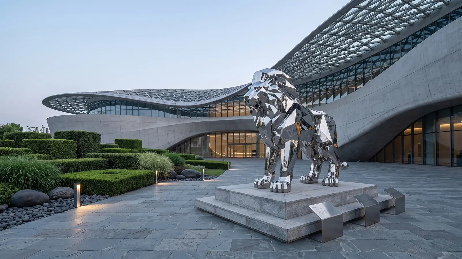 Geometric stainless steel lion sculpture