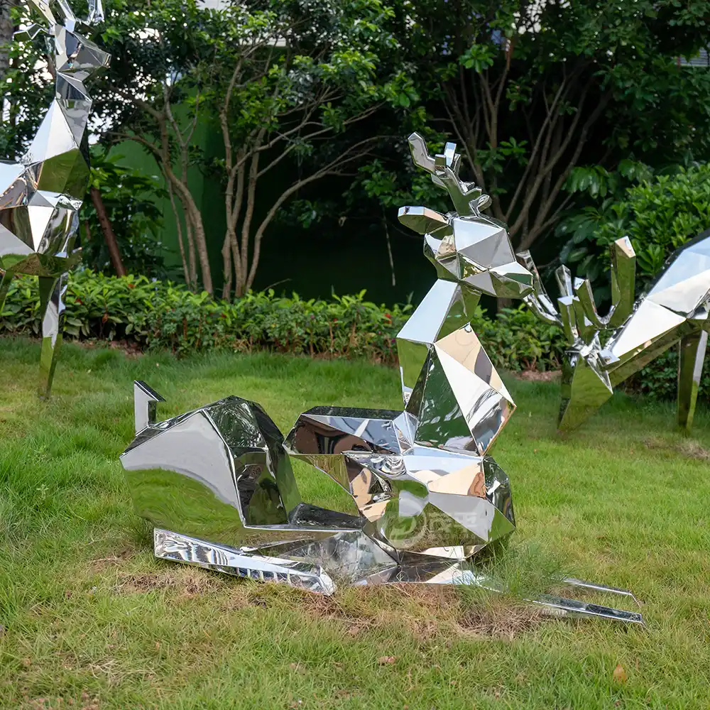 Life size stainless steel mirror geometry deer sculpture