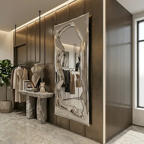 Sculptural Art Mirror for Interior Decor – Modern Stainless Steel Wavy Frame Mirror