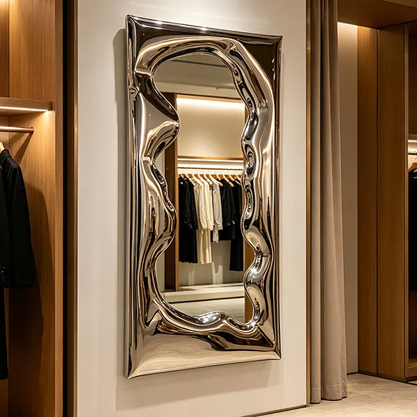 Sculptural Art Mirror for Interior Decor – Modern Stainless Steel Wavy Frame Mirror