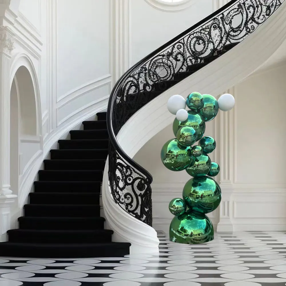 Creative shiny stainless steel green ball sculpture for staircase decoration