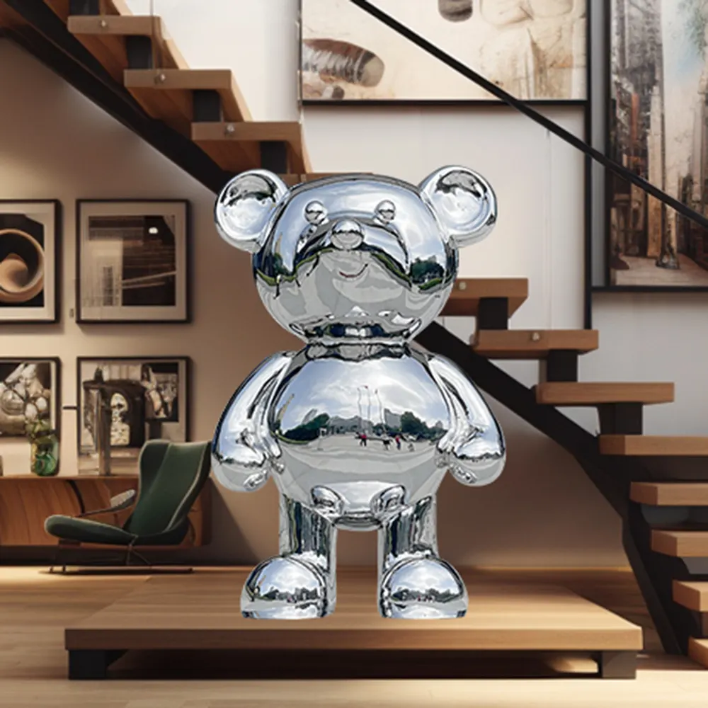 Creative stainless steel cartoon bear sculpture for interior decoration