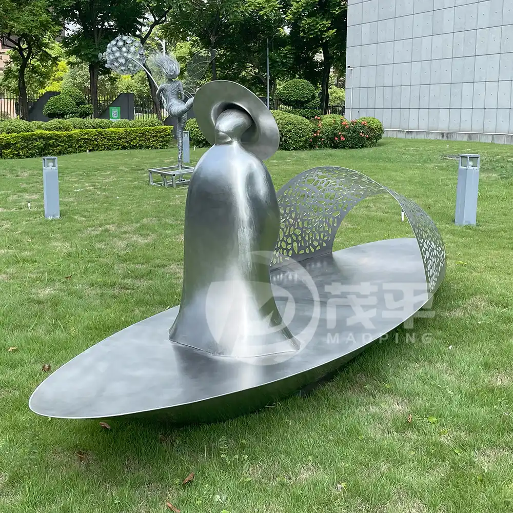 Stainless Steel Boat & Figure Sculpture for Landscape | Modern Outdoor Lakeside Art Installation