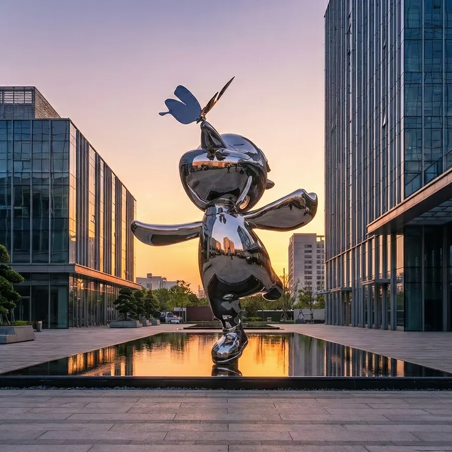 Mirror-Polished Stainless Steel Cartoon Sculpture for Urban Plaza & Commercial Landscape