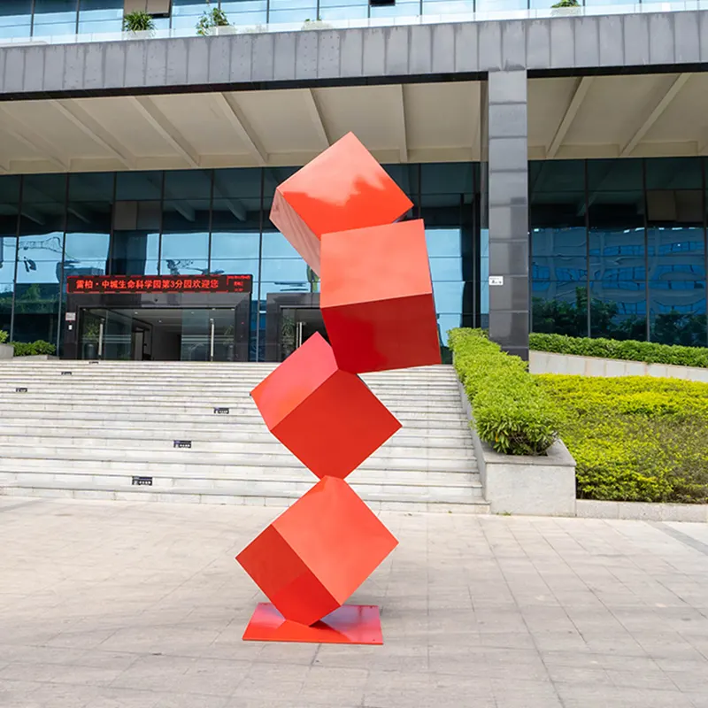 2 Meter Stainless Steel Red Cube Sculpture | Modern Outdoor Geometric Metal Artwork
