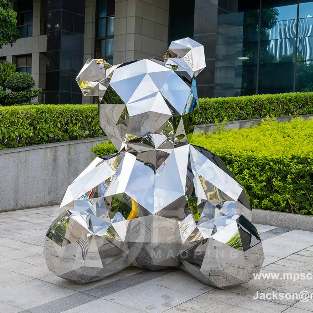 Outdoor large metal craft stainless steel geometry cartoon bear sculpture for plaza garden ornament animal statue MP-O0049