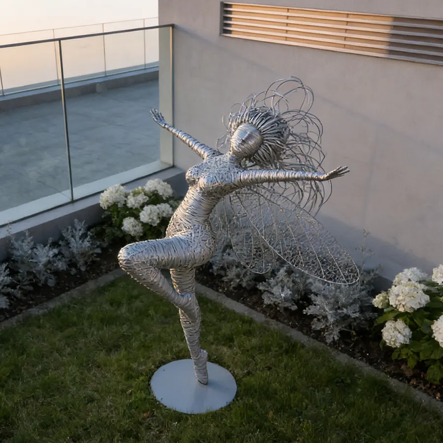 Stainless Steel Wire Fairy Sculpture – Life-Size Outdoor Garden Art