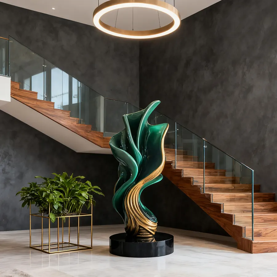 Fiberglass Abstract Sculpture – Modern Green & Gold Interior Decoration