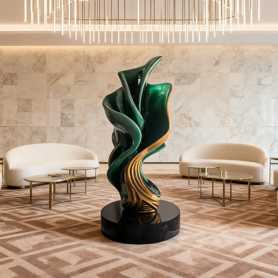 Fiberglass Abstract Sculpture – Modern Green & Gold Interior Decoration