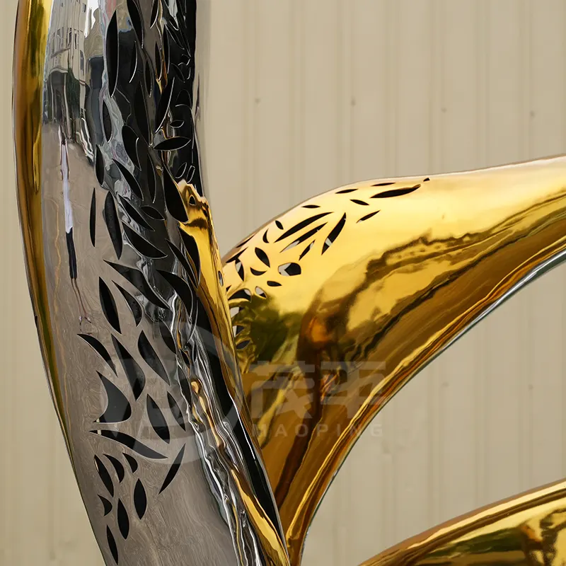 Large gold stainless steel abstract ribbon sculpture for pool deocration