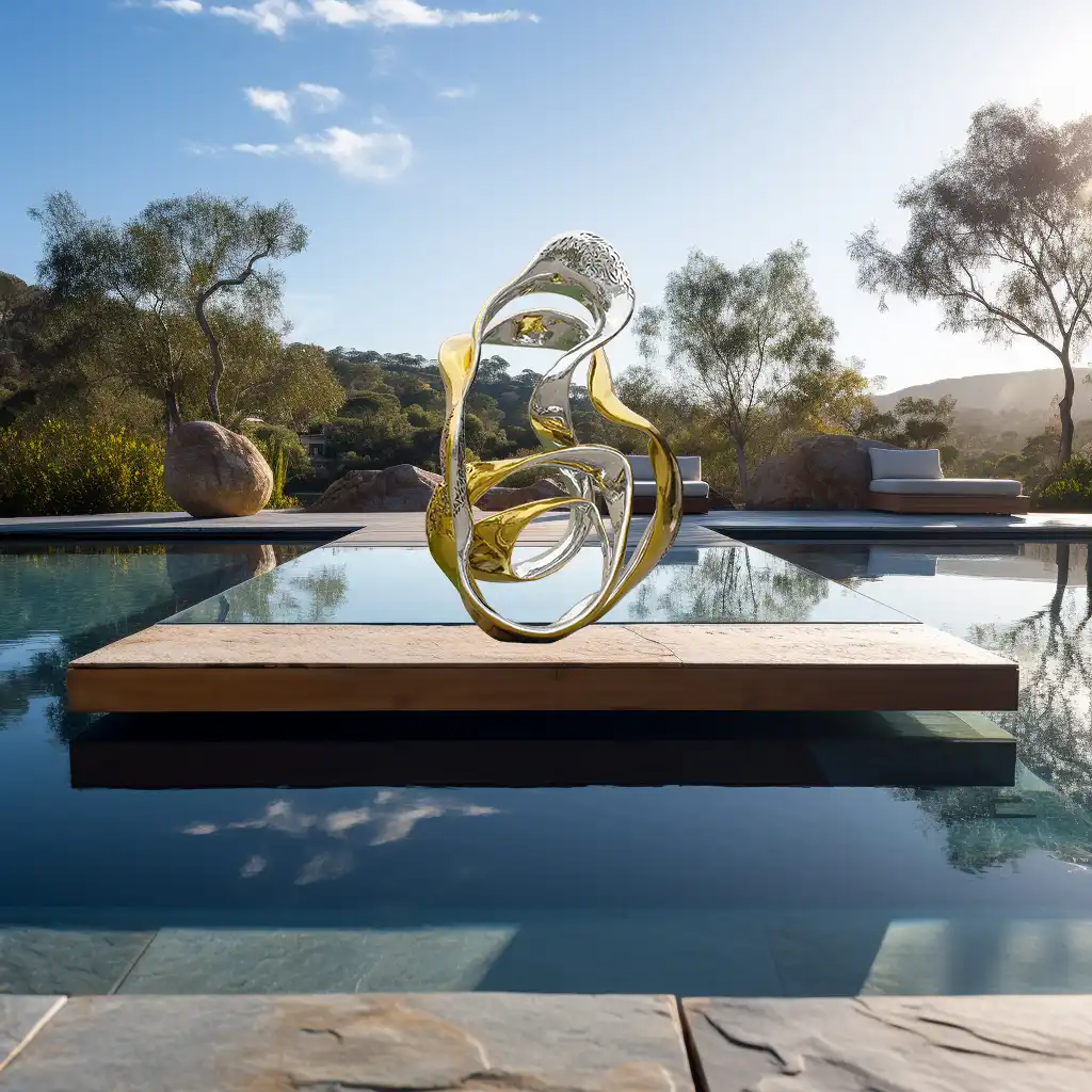 Large gold stainless steel abstract ribbon sculpture for pool deocration