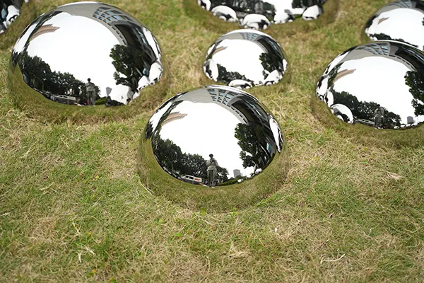 Steel Hemisphere Sculpture – Reflective Outdoor Art