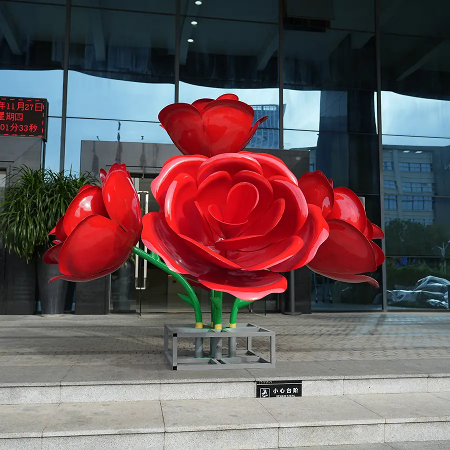 Large Red Rose Stainless Steel Sculpture for Outdoor Public Art & Commercial Landscapes