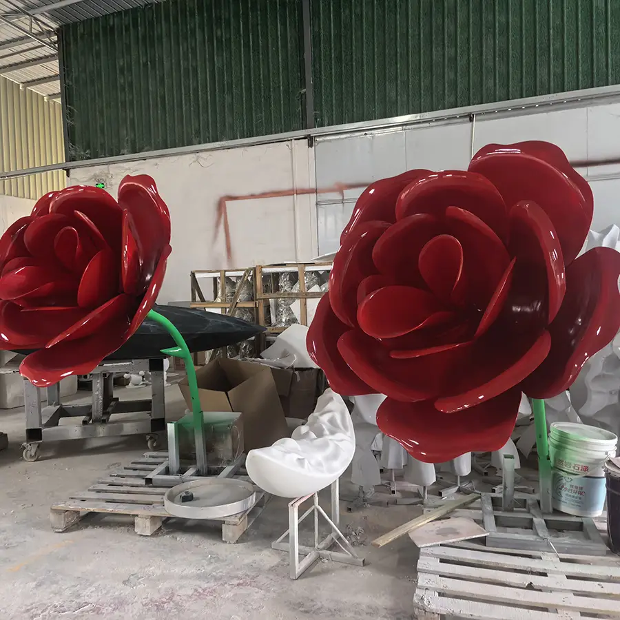 Large Red Rose Stainless Steel Sculpture for Outdoor Public Art & Commercial Landscapes