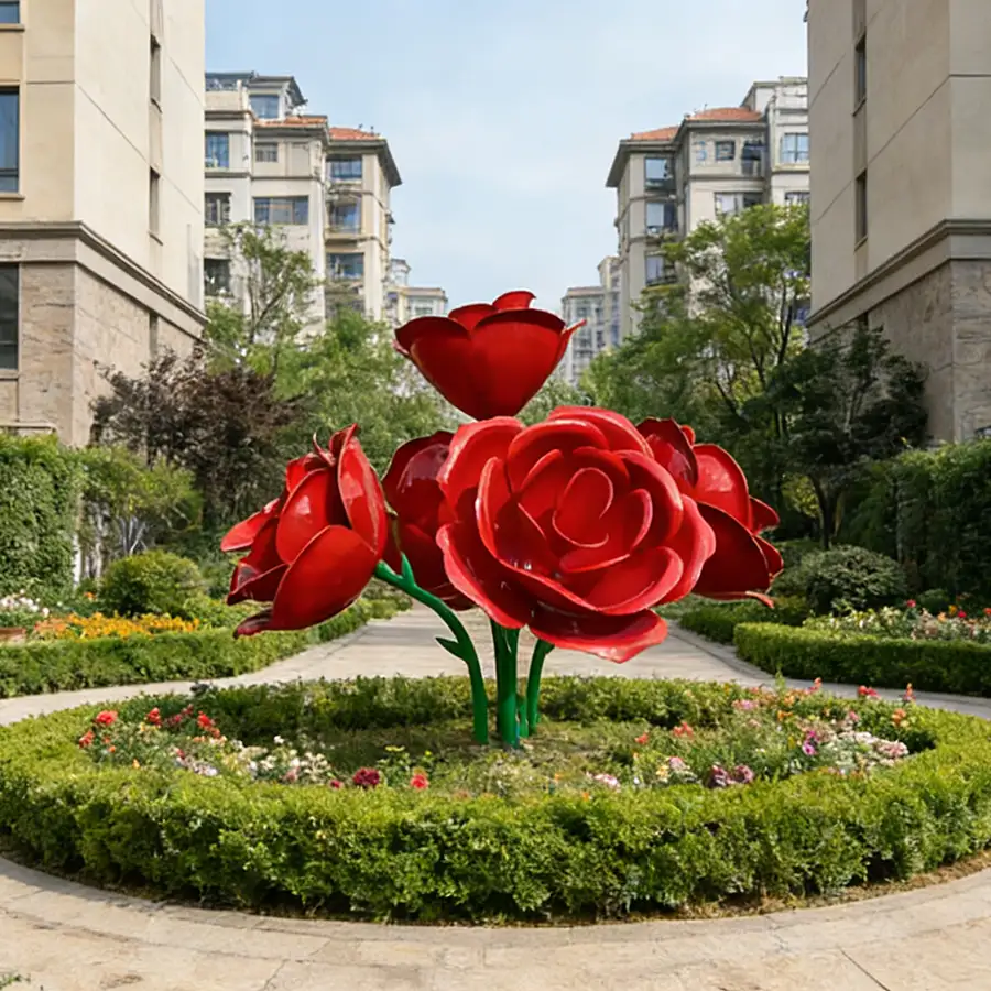Large Red Rose Stainless Steel Sculpture for Outdoor Public Art & Commercial Landscapes