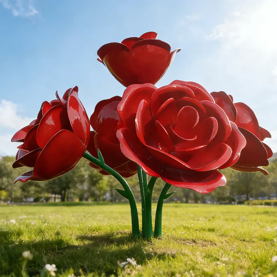 Large Red Rose Stainless Steel Sculpture for Outdoor Public Art & Commercial Landscapes