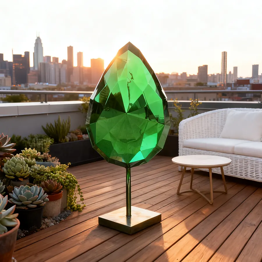 Modern Stainless Steel Leaf Sculpture | Green Gemstone Metal Art for Garden & Interior Decoration