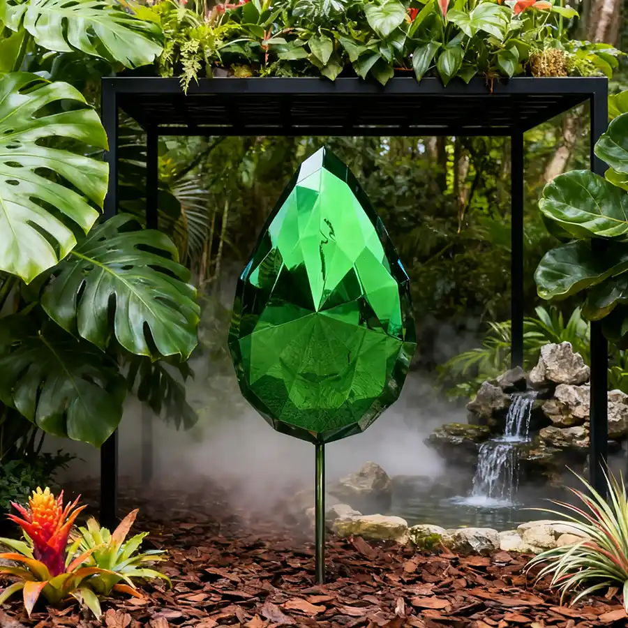Modern Stainless Steel Leaf Sculpture | Green Gemstone Metal Art for Garden & Interior Decoration