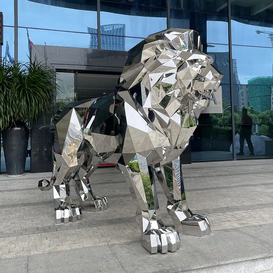 Modern Stainless Steel Lion Statue for Commercial Entrance